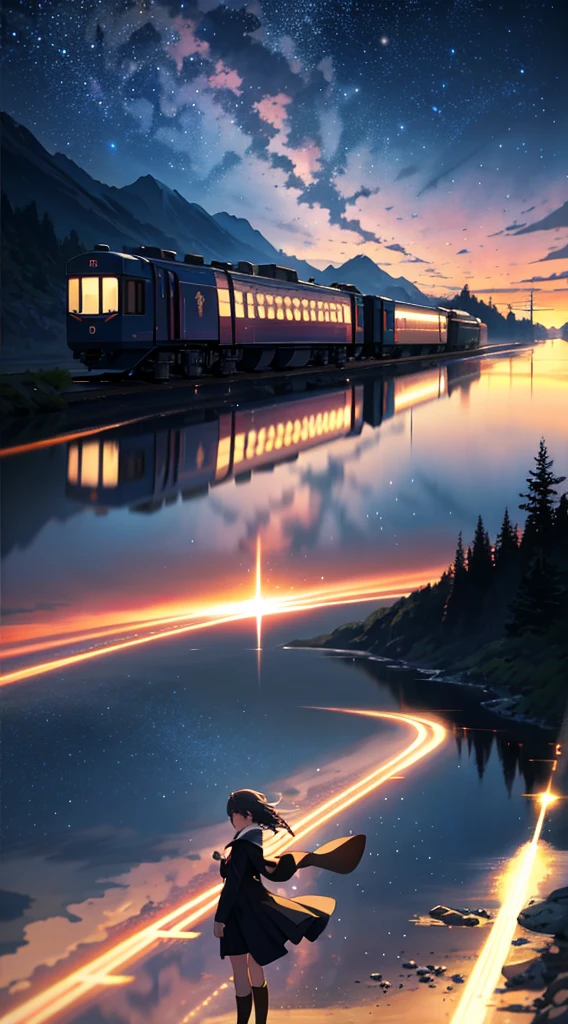 High quality masterpiece, landscape, anime train passing through bodies of water on tracks, bright starry sky. Romantic train, pixiv, concept art, lofi art style, reflection. by Makoto Shinkai, lofi art, Beautiful anime scene, Anime landscape, detailed scenery —width 672, in style of Makoto shinkai, style of Makoto shinkai, enhanced details.