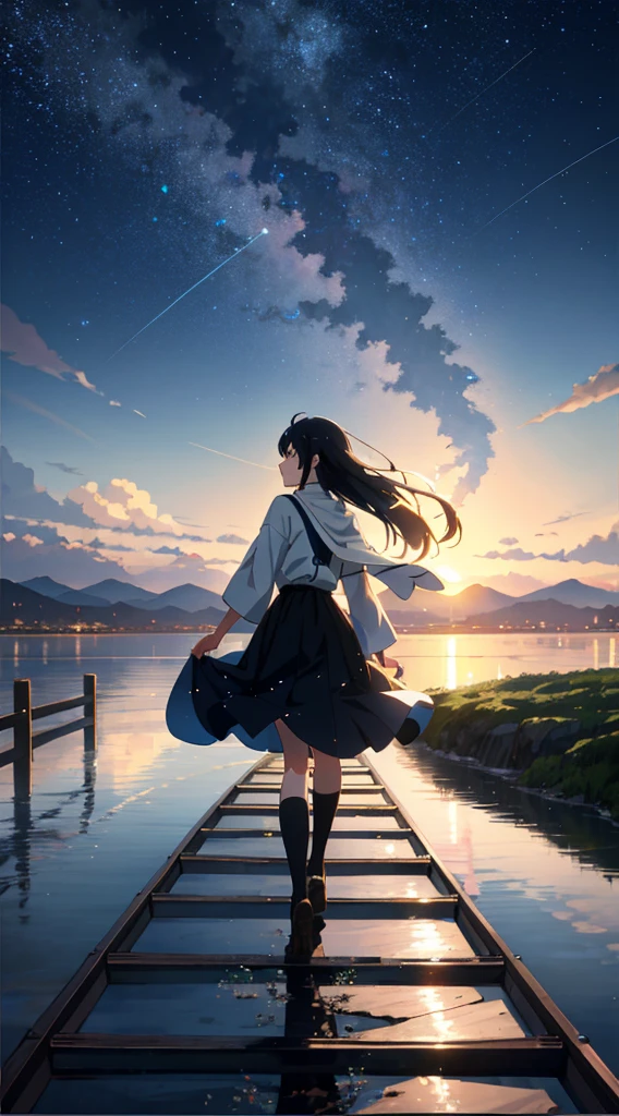 High quality masterpiece, landscape, anime train passing through bodies of water on tracks, bright starry sky. Romantic train, pixiv, concept art, lofi art style, reflection. by Makoto Shinkai, lofi art, Beautiful anime scene, Anime landscape, detailed scenery —width 672, in style of Makoto shinkai, style of Makoto shinkai, enhanced details.