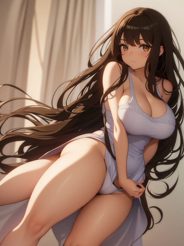 Anime girl, thick and curvy, long curly brown hair with bangs, brown eyes, pastel coquette aesthetic
