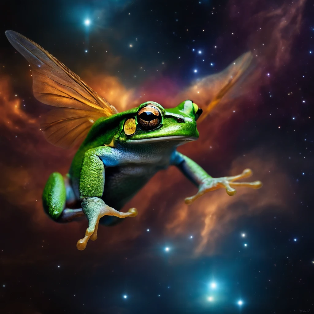 Frog with angel wings flying in space