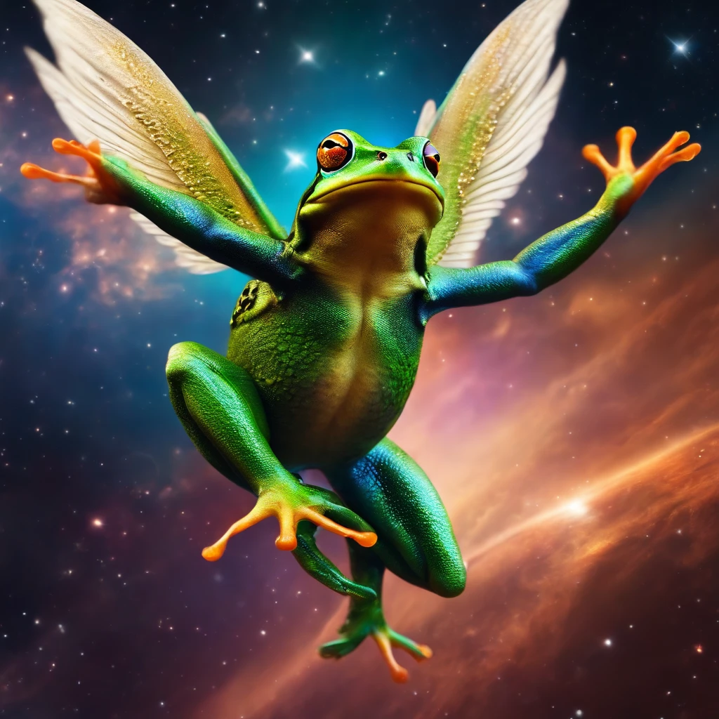 Frog with angel wings flying in space 