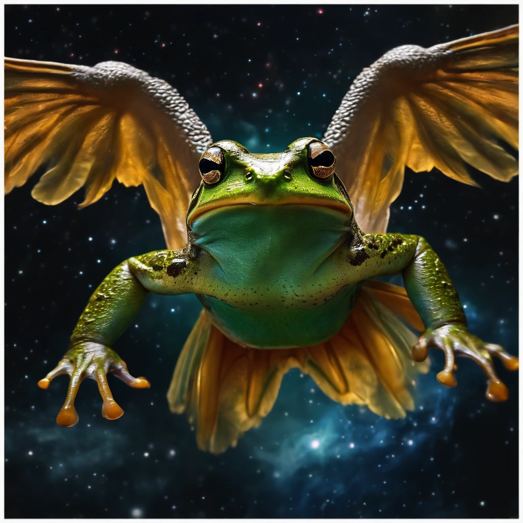 Frog with angel wings flying in space