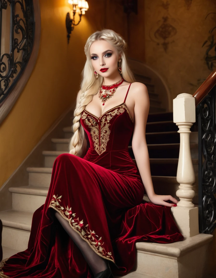 very attractive 25 year old caucasian girl with long platinum blonde hair, (masutepiece, Best Quality), ultra-detailliert, Photorealsitic, Beautiful woman,  Red Velvet Fabric Dresses, ((Gorgeous embroidered gothic maxi dress with attention to detail)), Luxury accessories, garter stocking, Braided high heels, a necklace, Braid hair, Perfect face, Beautiful face, enticing, big gorgeous eyes, I have my mouth wide open, Happy, heavy make up, Dark Eye Makeup, Voluptuous body, seducting smile, Glamorous body, Big ass, (inside in room), coming down the stairs, Walking on the stairs at night, Dim lighting, Wide-angle shot from below