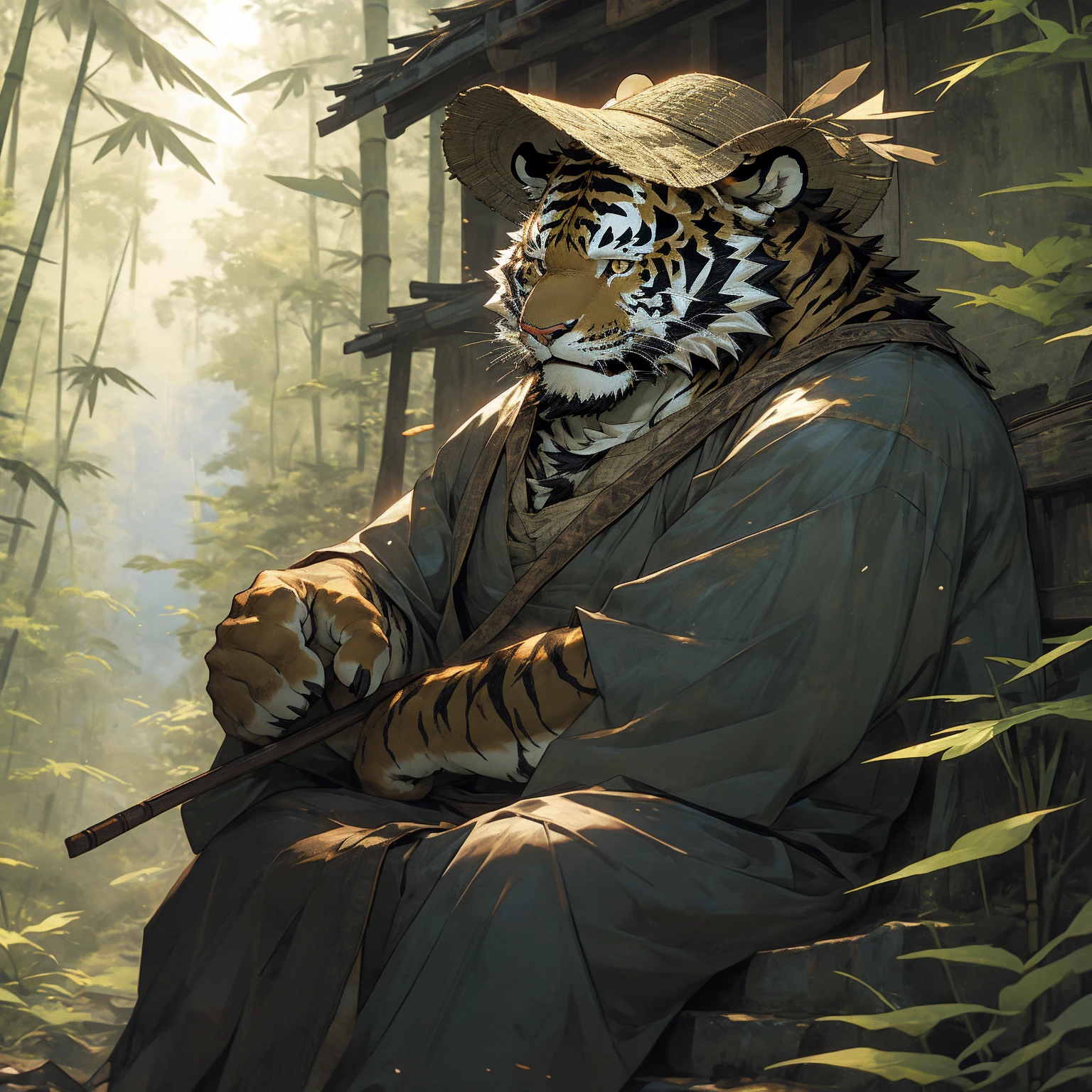 In the dense forest, the cursed black tiger with black fur wears a bamboo hat and lives in seclusion in the mountains and forests. Sitting next to the wooden ancient house, he looks out into the distance. The mature, deep, and experienced black tiger with black fur
