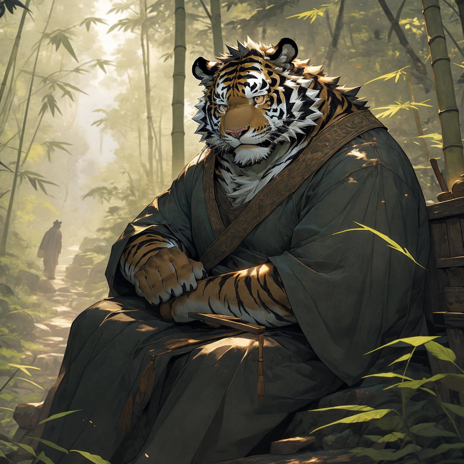 In the dense forest, the cursed black tiger with black fur wears a bamboo hat and lives in seclusion in the mountains and forests. Sitting next to the wooden ancient house, he looks out into the distance. The mature, deep, and experienced black tiger with black fur