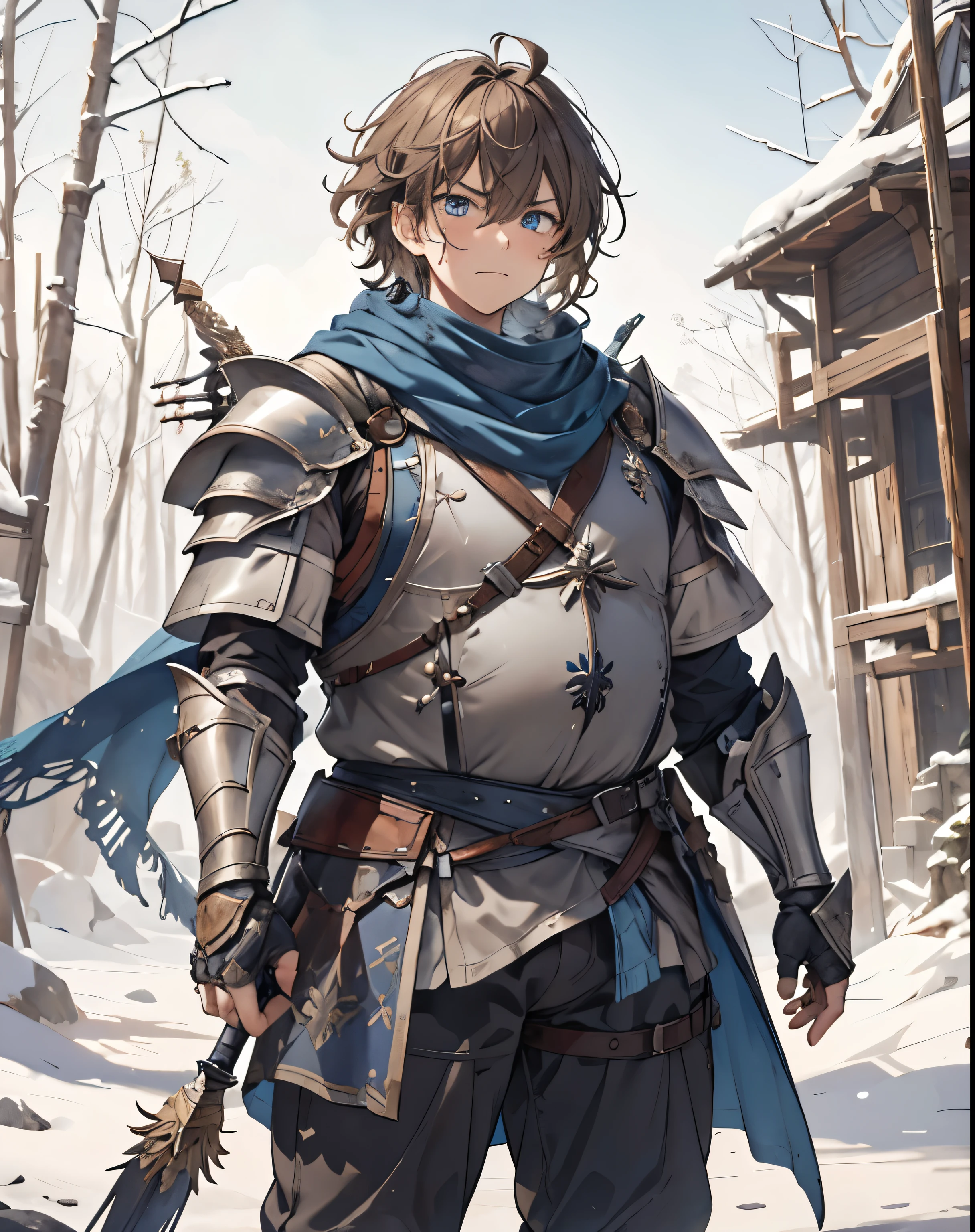 masterpiece, 1men, sparrow, a brown haired men, wearing a blue medieval armored knight, short hair, messy hair, obese body, wearing knight clothes, he close her left eye, shirt ornament, angry expression, blue eyes, stand at snowy forest, ahoge, grey vest, shawl, full armor, bring big shield in his back, beautiful eyes, ugly face, fat body, ugly bastard, fatty face, very big stomach