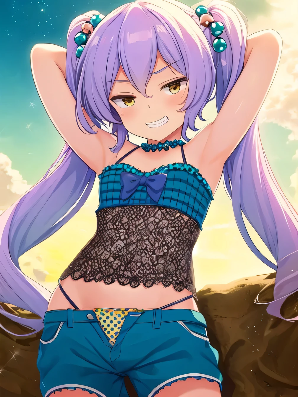 himejimakinoko, solo, 1girl, light purple hair, twintails, hair bobbles, polka dot bikini, very long hair, yellow eyes, striped shorts, flat chest, high quality, solo, night sky, beach, (arms behind head), contrapposto, closed mouth, spread armpits, (cowboy shot:1.5), looking at viewer, grin, best quality,