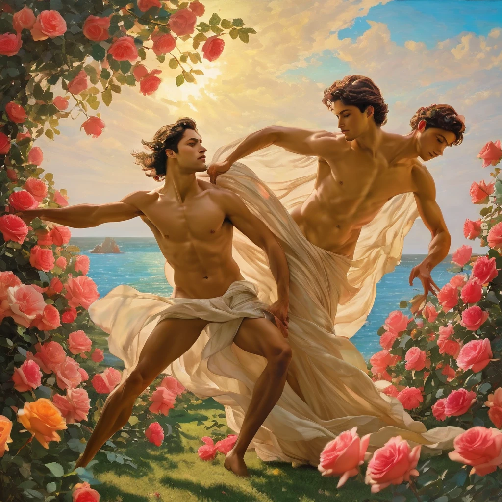 candid an image of 2man, an attractive and charming 2man, Position in a graceful contrapposto stance (in a field of vibrant swirling roses garden), good looking masculine appearance with slender smooth body, delicate and symmetrical face, natural olive skin tone, (nude body wrapped in classical drapery sheer rainbow color fabric), with flowing dramatically in the wind, some fabric to billow as if caught by a gentle breeze. The composition include mythological elements, such as a backdrop of a serene ocean with a golden sunrise and nymphs to frame the scene. Illuminate the scene with soft diffused lighting to create a dreamlike, celestial atmosphere, capturing the delicate interplay of light and shadow on his face and body. ((full body shot)), wide-angle lens on a high-resolution DSLR camera to capture the grandeur and intricate details of the setting, while shooting from a low angle to emphasize the model's majestic presence. The overall mood should blend the classical elegance of Botticelli's work with a modern, high-fashion aesthetic, producing an image that feels both timeless and contemporary, adding the Two Cherubs in the sense to balance and harmony the photo, evoke the soft ethereal quality of the Renaissance style, POV, raw photo, ((masterpiece)), ((best quality:1.4)), High Resolution, (ultra_realistic:1.37), (photorealistic:1.4, (NSFW), ((Pay attention to the layer and arrangement of body parts and surrounding objects)), ((Pay attention to the body composition)), ((Correct body structure)), ((Correct photo distance)), romantic atmosphere, lively extremely Gorgeous background),
