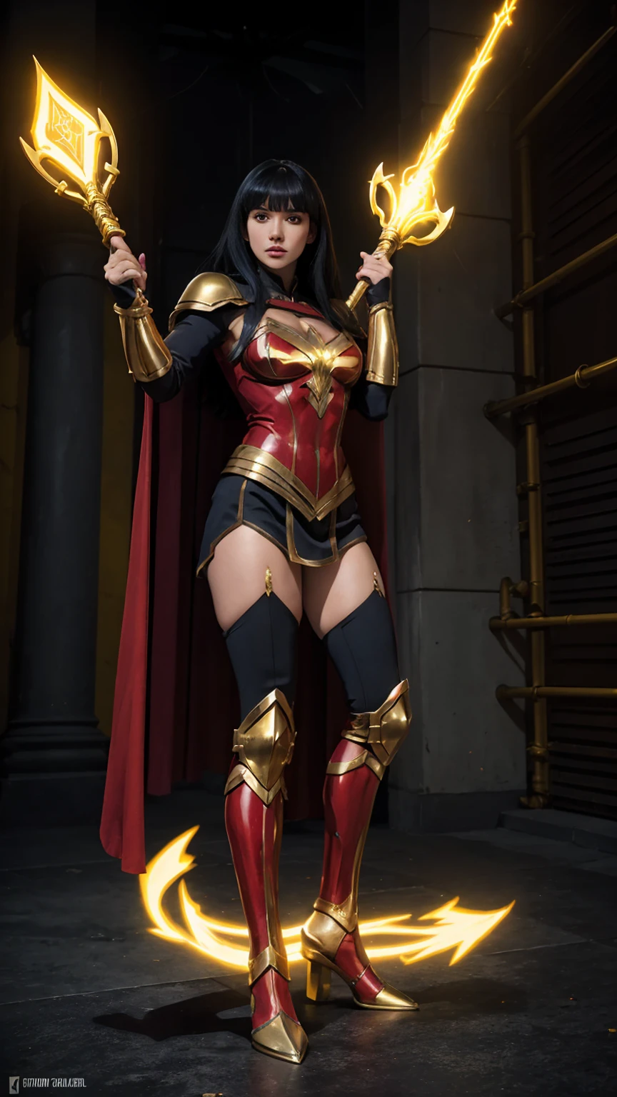 ((Full body photo, standing, feet on the ground)) A warrior, Pose of a warrior ready to attack,a red cape, in his hand the lasso of truth, wide jaw, big lips, black hair with bangs, and yellow eyes wearing black and gold Yara_Flor_DC armor
