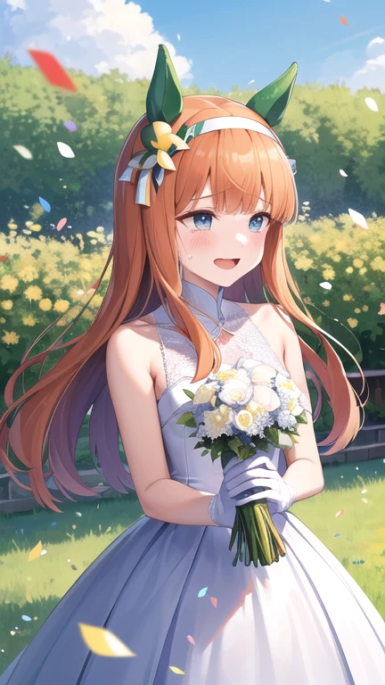 masterpiece, best quality, highres, aasuzuka, long hair, animal ears, ear covers, white hairband, horse tail, garden, wedding dress, white gloves, lace, smile, holding bouquet, tears, open mouth, confetti, flower, petals