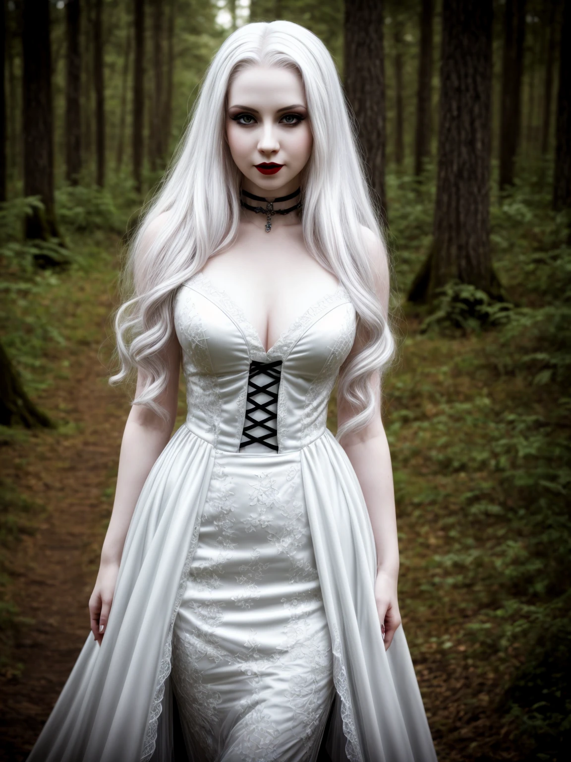 female sexy vampire|albino, pale porcelain skin, sexy vintage black dress, smile, shallow depth of field, grin|creepy, nightfall, detailed face, night, wide hips, narrow waist, portrait of woman standing, detailed eyes, portrait of woman standing, 8k RAW photo, highest quality, looking at the viewer, best shadow, intricate details, long hair, bright eyes, forest, grave, gothic, goth detailed, highres, high qualilty, high saturation