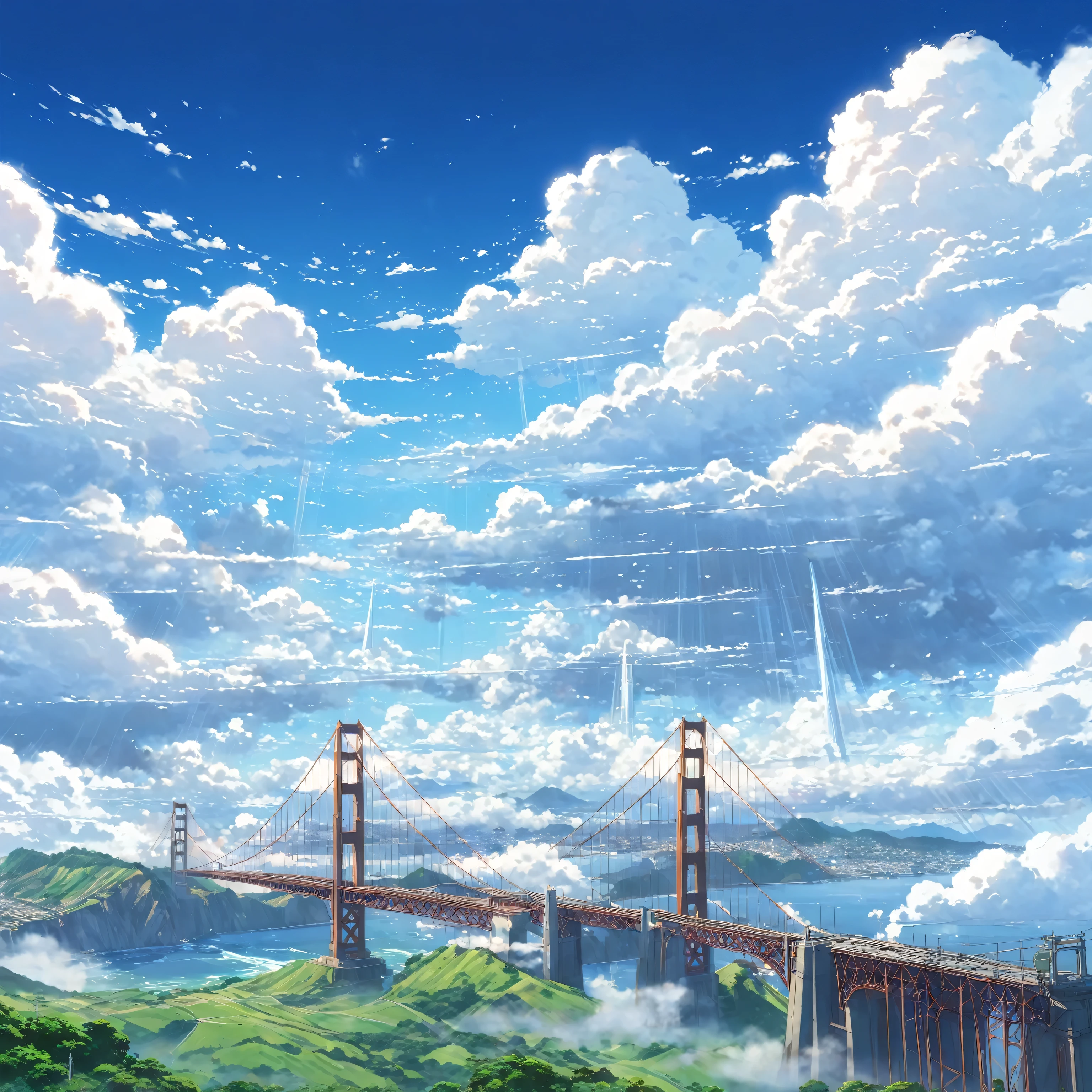 an instagram photo of clouds and the golden gate bridge in San Francisco, California, anime clouds, beautifull puffy clouds. anime, beautiful anime scenery, anime landscape, anime scenery, anime landscape wallpaper, anime sky, hyper realistic clouds, by makoto shinkai, by Makoto Shinkai, beautiful anime scene, beautiful anime artwork, in style of makoto shinkai, beautiful anime art, anime background art, ( ( makoto shinkai ) ), giant clouds, clean anime art, anime scenery concept art, ross tran. scenic background