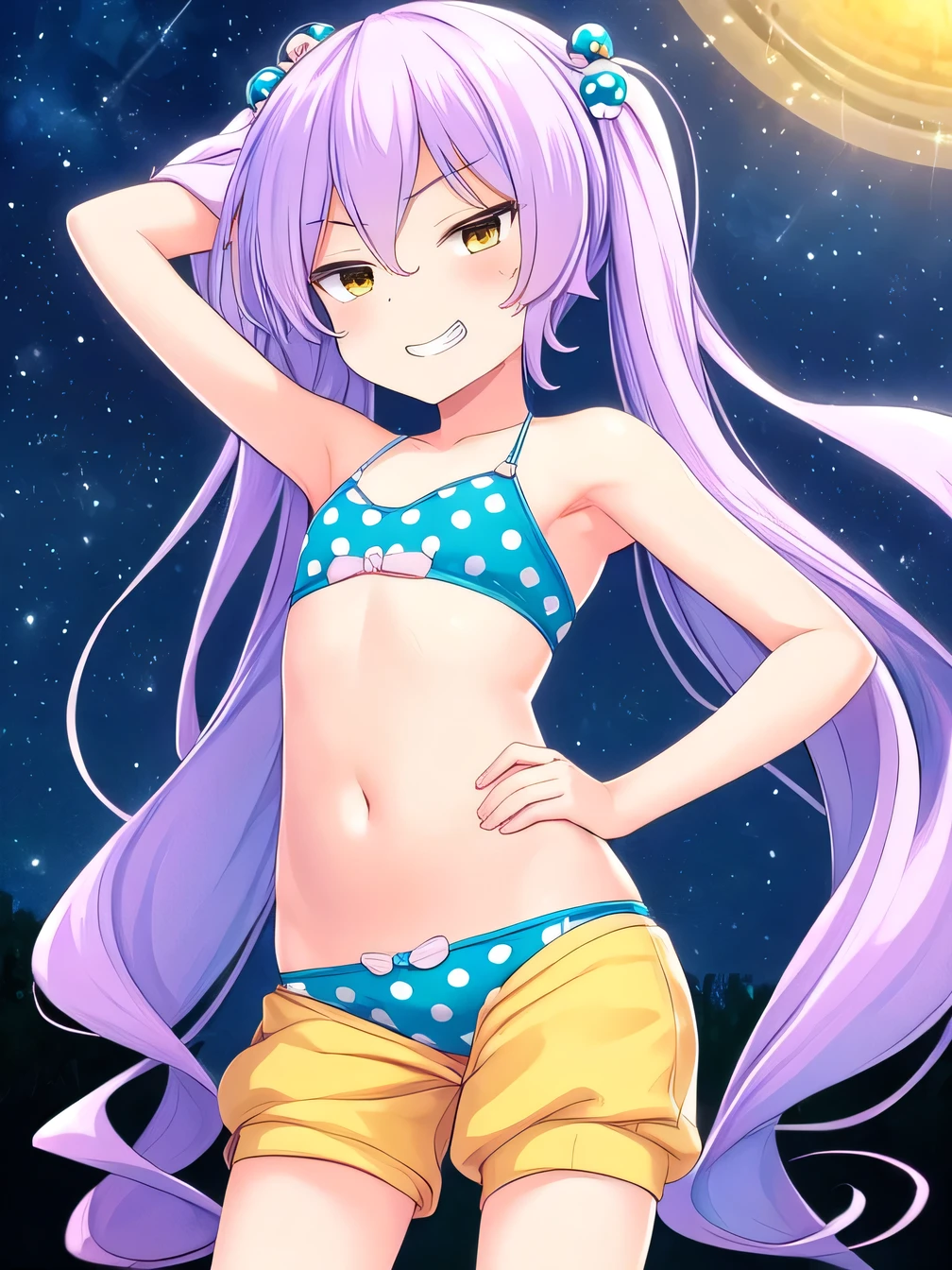 himejimakinoko, solo, 1girl, light purple hair, twintails, hair bobbles, polka dot bikini, very long hair, yellow eyes, striped shorts, flat , high quality, solo, night sky, beach, (arms behind head), contrapposto, closed mouth, spread armpits, (cowboy shot:1.5), looking at viewer, grin, best quality,