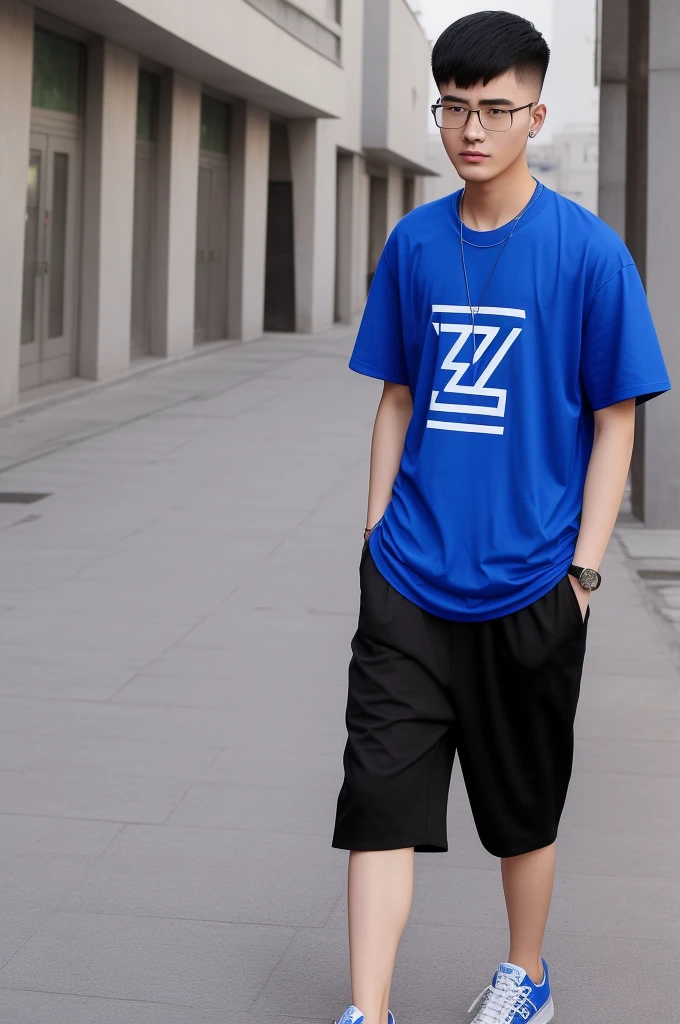 21 year old Beijing boy, he is wearing a oversize xxl blue plain t-shirt, he is wearing black short pants, he is wearing sneakers, he is wearing glasses, city, full body,  he is buzz cut Hair, foot, walking 