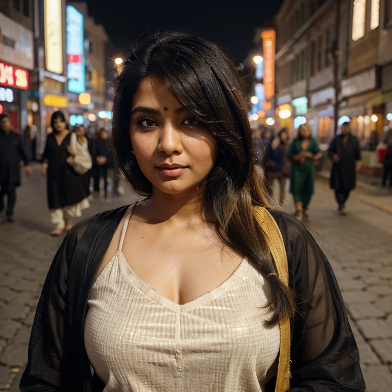 (((desi girl))), chubby face, natural skin, wearing hot deep neck top and dupatta, charming black hair, ((hair ends are blonde)), city streets background, bokeh
