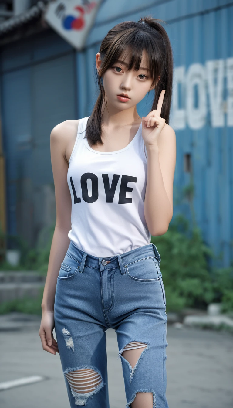 High_resolution, highly_detailed, realistic photograph, 1girl, young shy korean girl, detailed_face, 170cm tall, model photoshoot, realisitic, singlet, ripped_jeans, closed_mouth, long straight hair (silver), hairstyle_front bangs with ponytailed, cool vibes,showing_love sign, real world location, 3d background,realhands, perfect body proportion, slim figure,1 girl, normal arms_length, normal_neck, small beast size