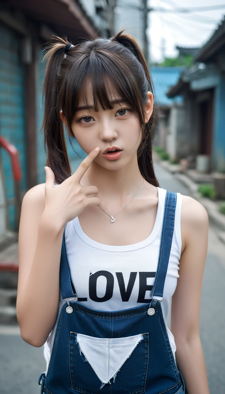 High_resolution, highly_detailed, realistic photograph, 1girl, young shy korean girl, detailed_face, 170cm tall, model photoshoot, realisitic, singlet, ripped_jeans, closed_mouth, long straight hair (silver), hairstyle_front bangs with ponytailed, cool vibes,showing_love sign, real world location, 3d background,realhands, perfect body proportion, slim figure,1 girl, normal arms_length, normal_neck, small beast size