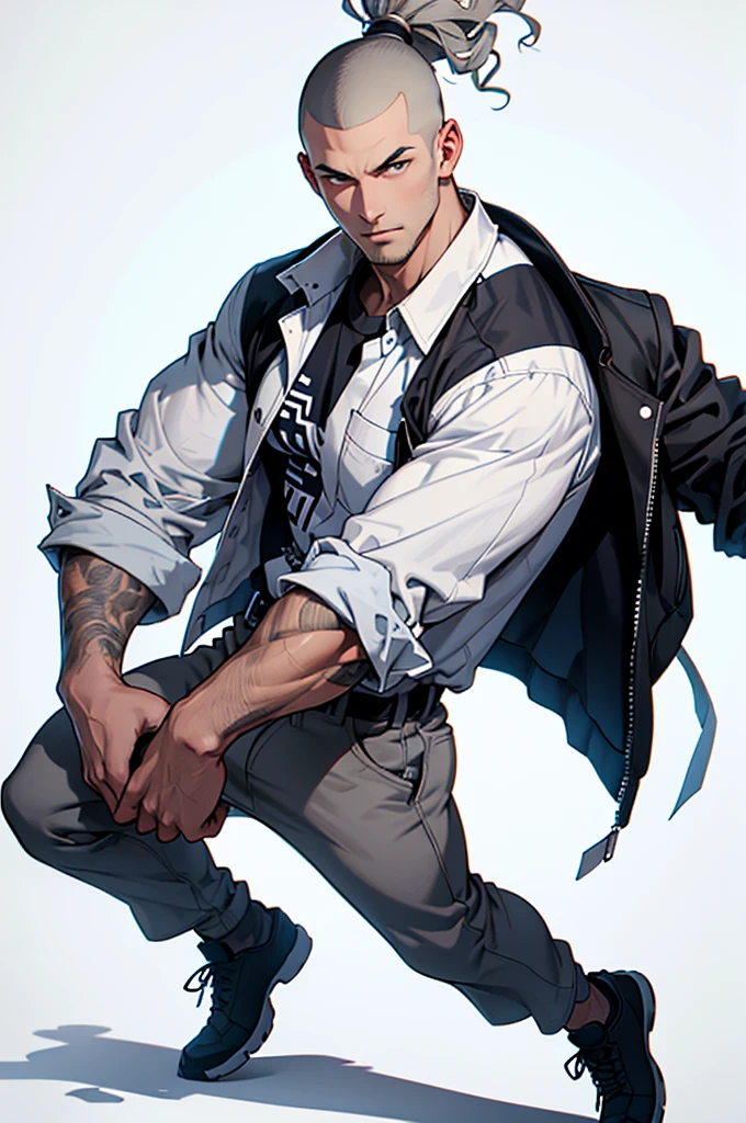 a man with a man with a buzz cut white curly hair he is wearing a gray Lumberjack shirt over a white shirt in a dynamic in a white background, full body, sharp edges, big baseball jacket,
