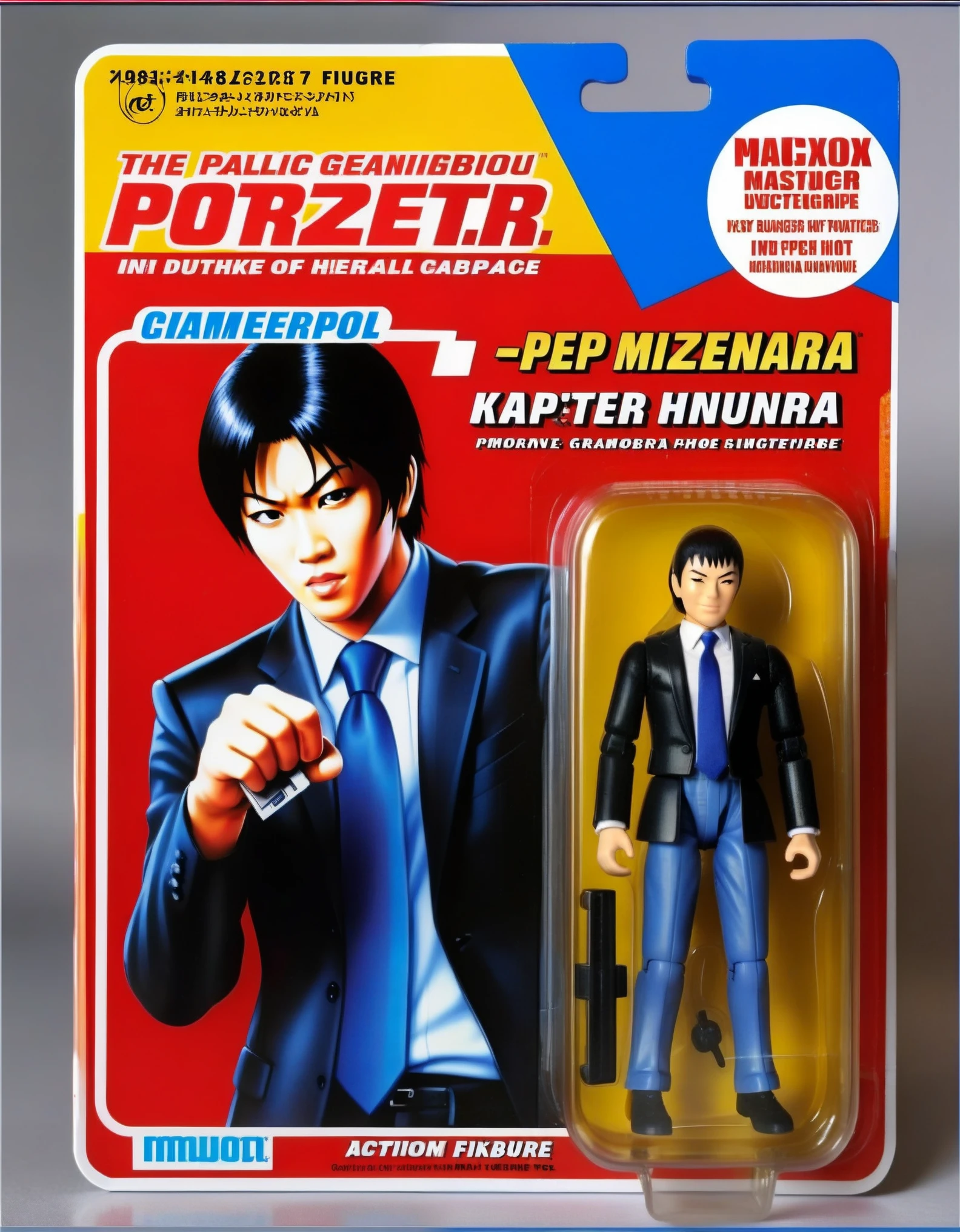 An action figure of interpreter Ippei Mizuhara in a plastic box, resembling a photograph. The figure is in a Excitement in gambling pose, wearing his black business suits and blue neck-tie, and mobile phone, The packaging displays photoreal round faace [[Ippei Mizuhara]]'s behaving of  having mobile and his signature interpretation, 