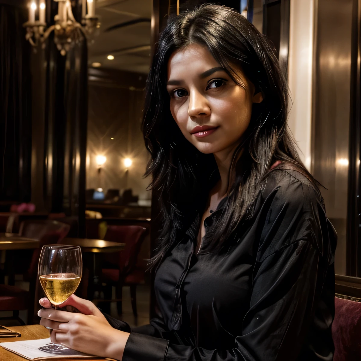 woman, black hair, pink blouse, at an elegant restaurant table, looking at the camera, warm lights