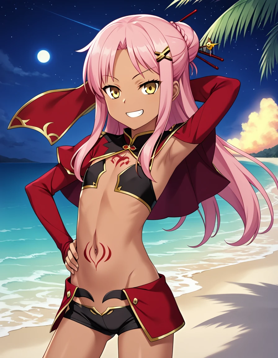 chloebase, pink hair, long hair, hair bun, hairpin, yellow eyes, dark skin, dark-skinned female, long sleeves, stomach tattoo, midriff, waist cape, 1girl, solo, younger, flat chest,
high quality, solo, night sky, beach, arm behind head, hand on hip, contrapposto, closed mouth, spread armpits, (cowboy shot:1.5), looking at viewer, grin, best quality, game cg, anime screencap, official art, masterpiece, best quality