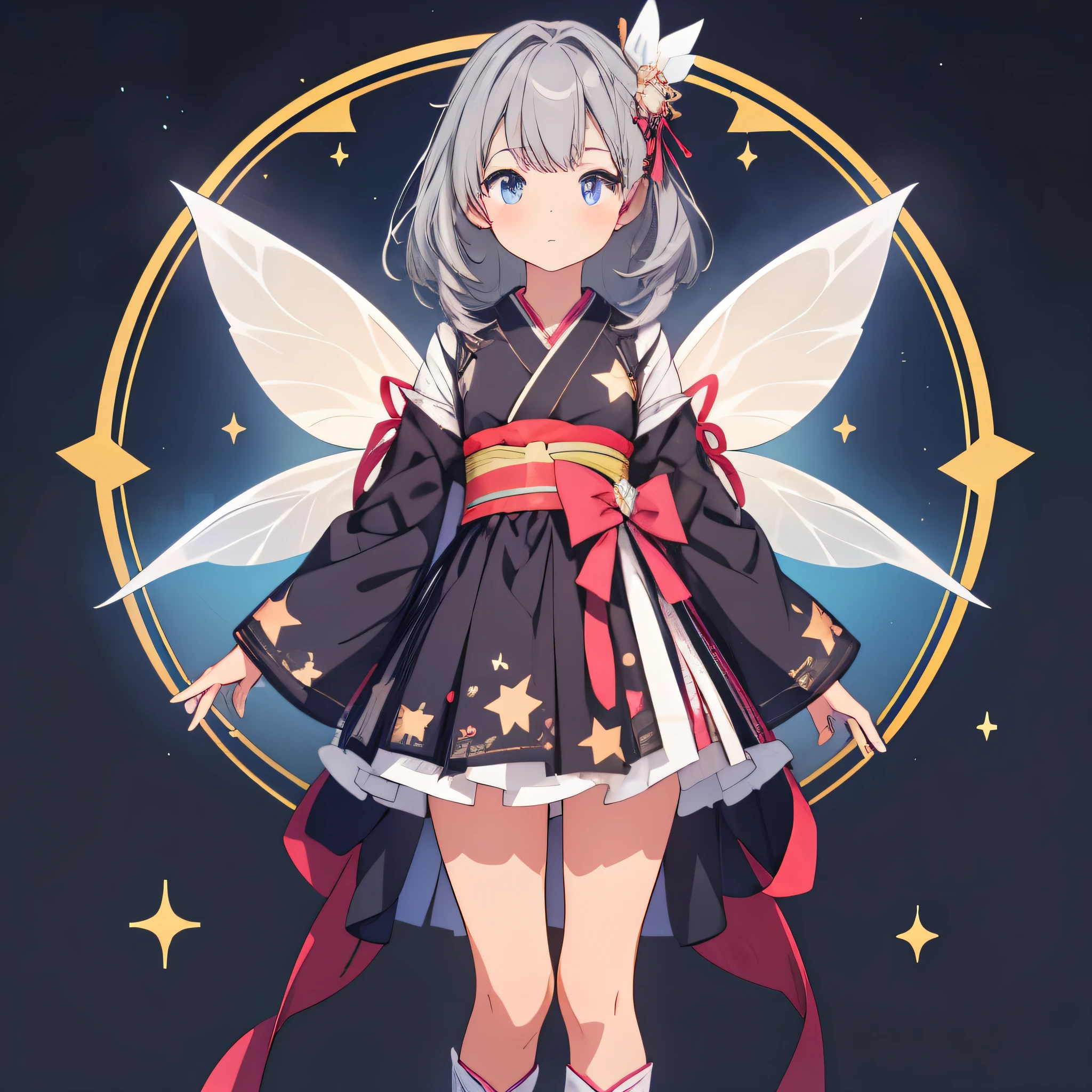 vtuber-halfbody、視聴者に向かって真っすぐfrontの絵、Star Fairy、全身front立ち絵、front、1 Girl,best quality、masterpiece、Official Art、Very detailed、Super beautiful、かわいいStar Fairy、Straight gray hair、Milky Way、universe、Star charm、Star、baby face、Knee-high boots、Japanese pattern dress、Beautiful girl in black and white yukata.、universeを思わせる花魁ドレス