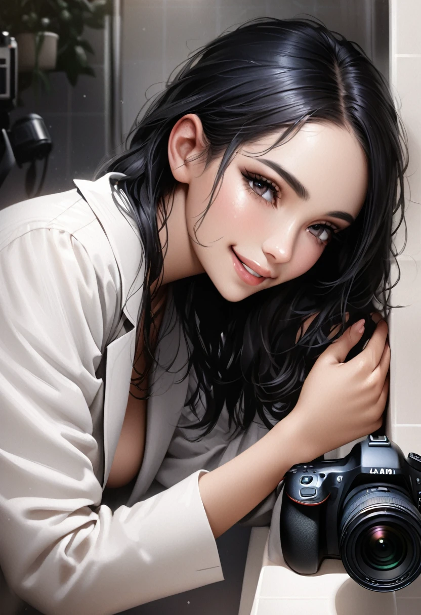 Young Latina ((ultra realistic:1.2)), smiling a lot in navy blue lab coat and light pink pants, in the bathroom extremely bright, (clouse-up), face close, dslr, 100 mm