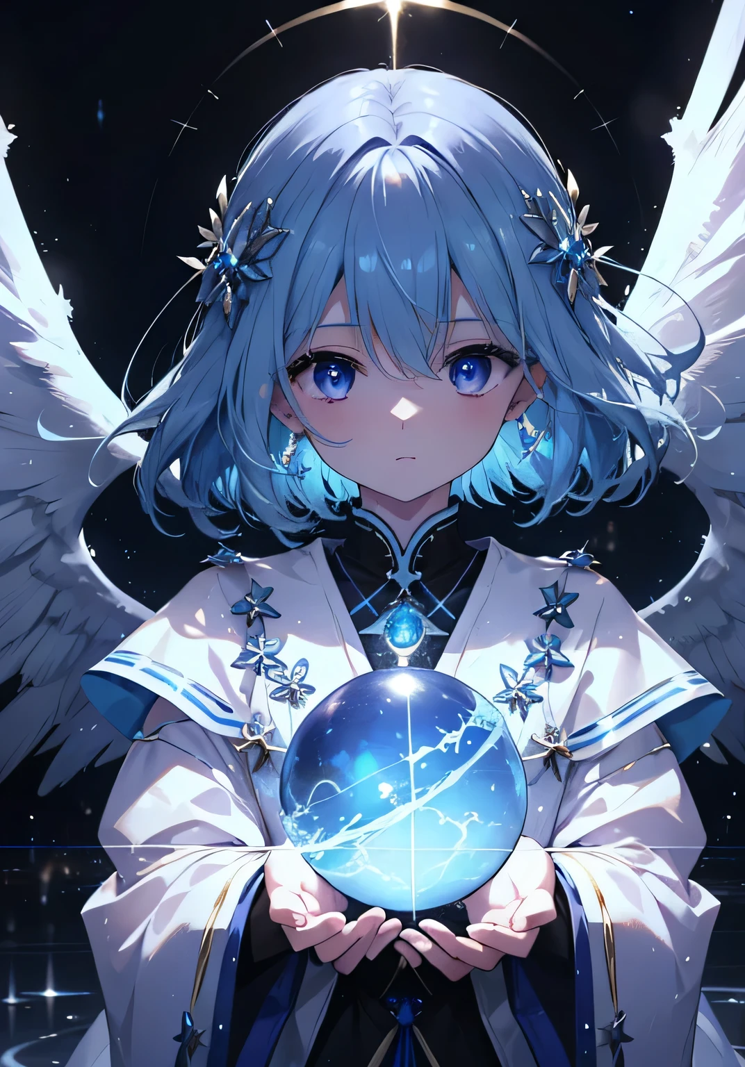 Blue color、An angelic enchanting god with wings、Holding a glowing sphere in your hand　Staring straight into the camera， in the center，Very bright color, Particles of light, The light shines, disaster, Wallpaper Art, UHD Wallpaper、Background purple、Mysterious、Impersonal、cart、Upper body close-up、fortune teller,Prevents finger crumbling,Blue Hair