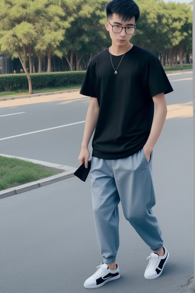 21 year old Beijing boy, he is wearing a oversize xxl blue plain t-shirt, he is wearing black trousers, he is wearing sneakers, he is wearing glasses, park, full body, he is buzz cut Hair, foot, walking,