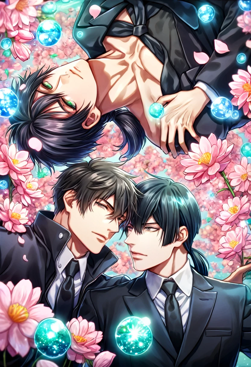 Ultra detailed, highres, absurdres, HDR, master piece, Ginoza Nobuchika, black hair with bangs tied in a low ponytail, expressivee green eyes, Kougami Shinya, black hair, expressive grey eyes, Psycho Pass, fantasy, pink petals, water, pink flowers, handsome, two sexy man together, gay couple, yaoi, magical, best quality, blossoms, blue shining fireflies, black necktie, black jacket, love