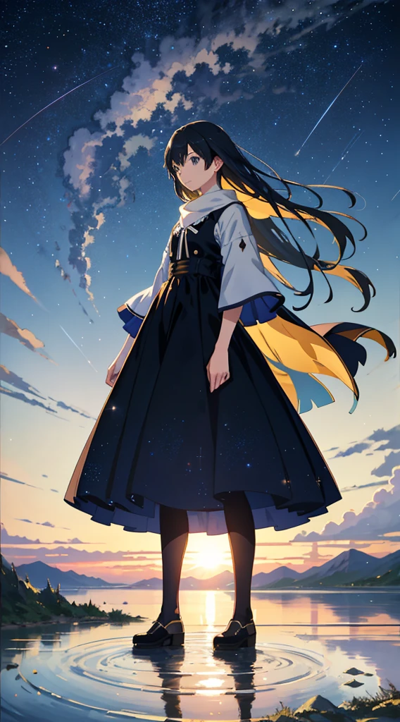 High quality masterpiece, landscape, anime train passing through bodies of water on tracks, bright starry sky. Romantic train, pixiv, concept art, lofi art style, reflection. by Makoto Shinkai, lofi art, Beautiful anime scene, Anime landscape, detailed scenery —width 672, in style of Makoto shinkai, style of Makoto shinkai, ノーガール、enhanced details.
