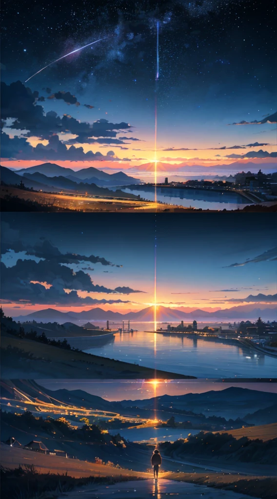 High quality masterpiece, landscape, anime train passing through bodies of water on tracks, bright starry sky. Romantic train, pixiv, concept art, lofi art style, reflection. by Makoto Shinkai, lofi art, Beautiful anime scene, Anime landscape, detailed scenery —width 672, in style of Makoto shinkai, style of Makoto shinkai, ノーガール、enhanced details.