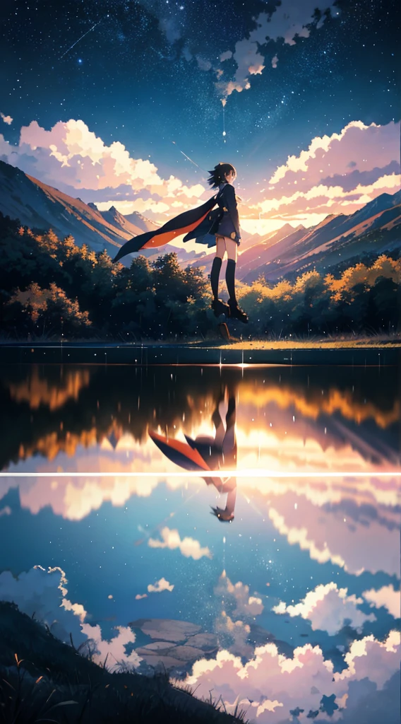 High quality masterpiece, landscape, anime train passing through bodies of water on tracks, bright starry sky. Romantic train, pixiv, concept art, lofi art style, reflection. by Makoto Shinkai, lofi art, Beautiful anime scene, Anime landscape, detailed scenery —width 672, in style of Makoto shinkai, style of Makoto shinkai, ノーガール、enhanced details.