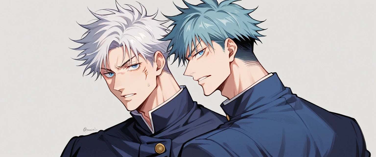 a male character with blue eyes with white hair and a uniform similar to the anime jujutsu kaisen