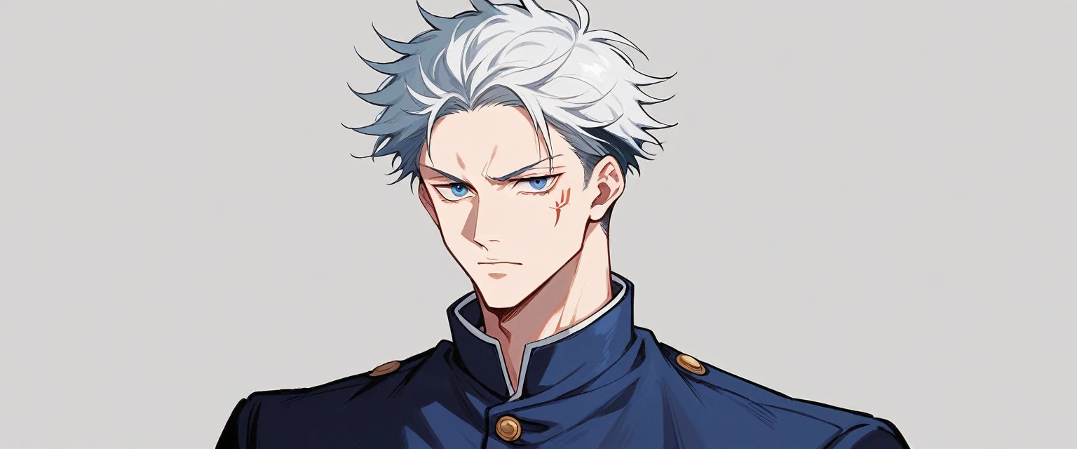 a male character with blue eyes with white hair and a uniform similar to the anime jujutsu kaisen