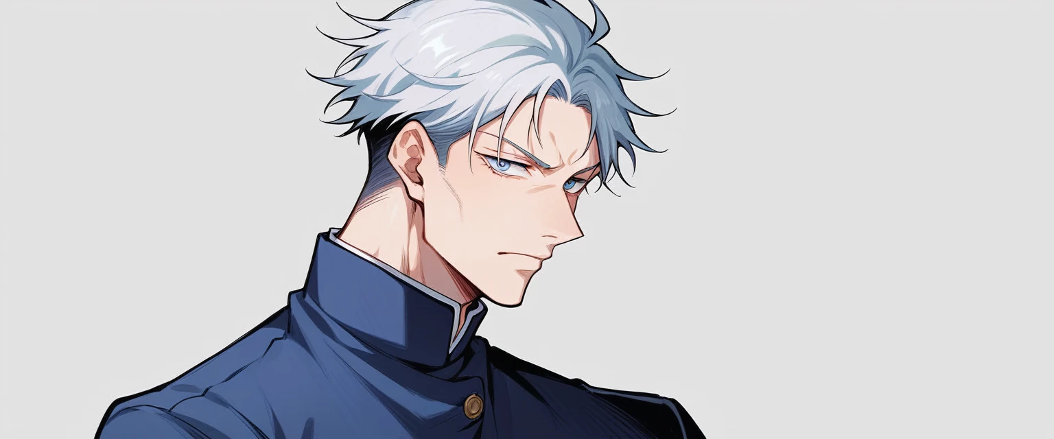 a male character with blue eyes with white hair and a uniform similar to the anime jujutsu kaisen