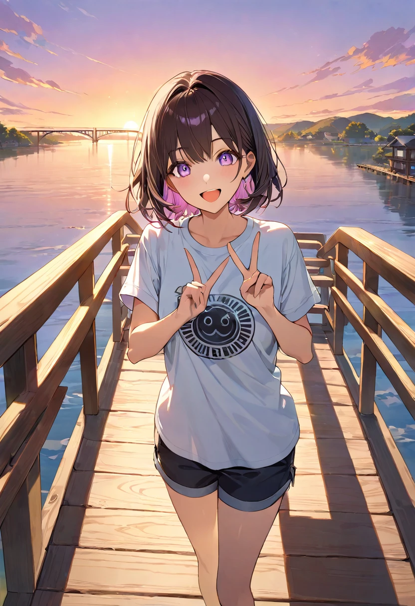 masterpiece, best quality, ultra detailed, detailed eyes, A high-resolution, digital illustration of a character with a joyful expression, standing on a wooden bridge during sunset. The character has short, dark hair with a subtle purple tint and is making a playful peace sign gesture near their eyes with both hands. They are wearing a light grey t-shirt with rolled-up sleeves. The background features warm sunlight filtering through the railing of the bridge, casting long shadows and creating an atmospheric glow around the character. The overall mood is cheerful and carefree, capturing the golden hour’s soft lighting that enhances the scene's tranquil vibe.