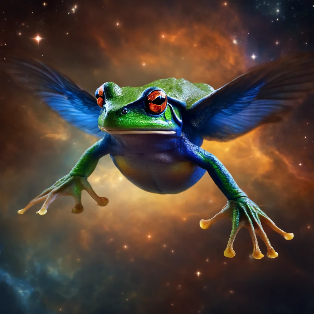 Frog azul
with angel wings flying in space