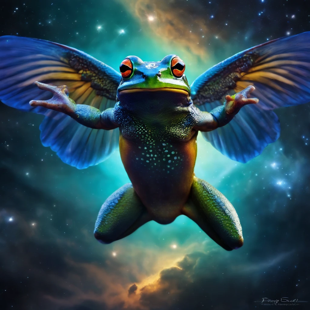 Frog azul 
with angel wings flying in space 