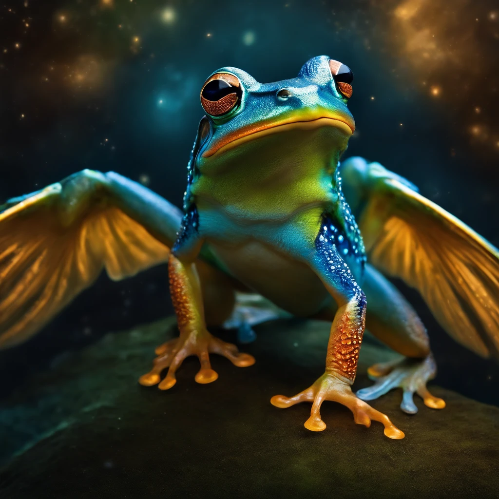 Frog azul 
with angel wings flying in space 