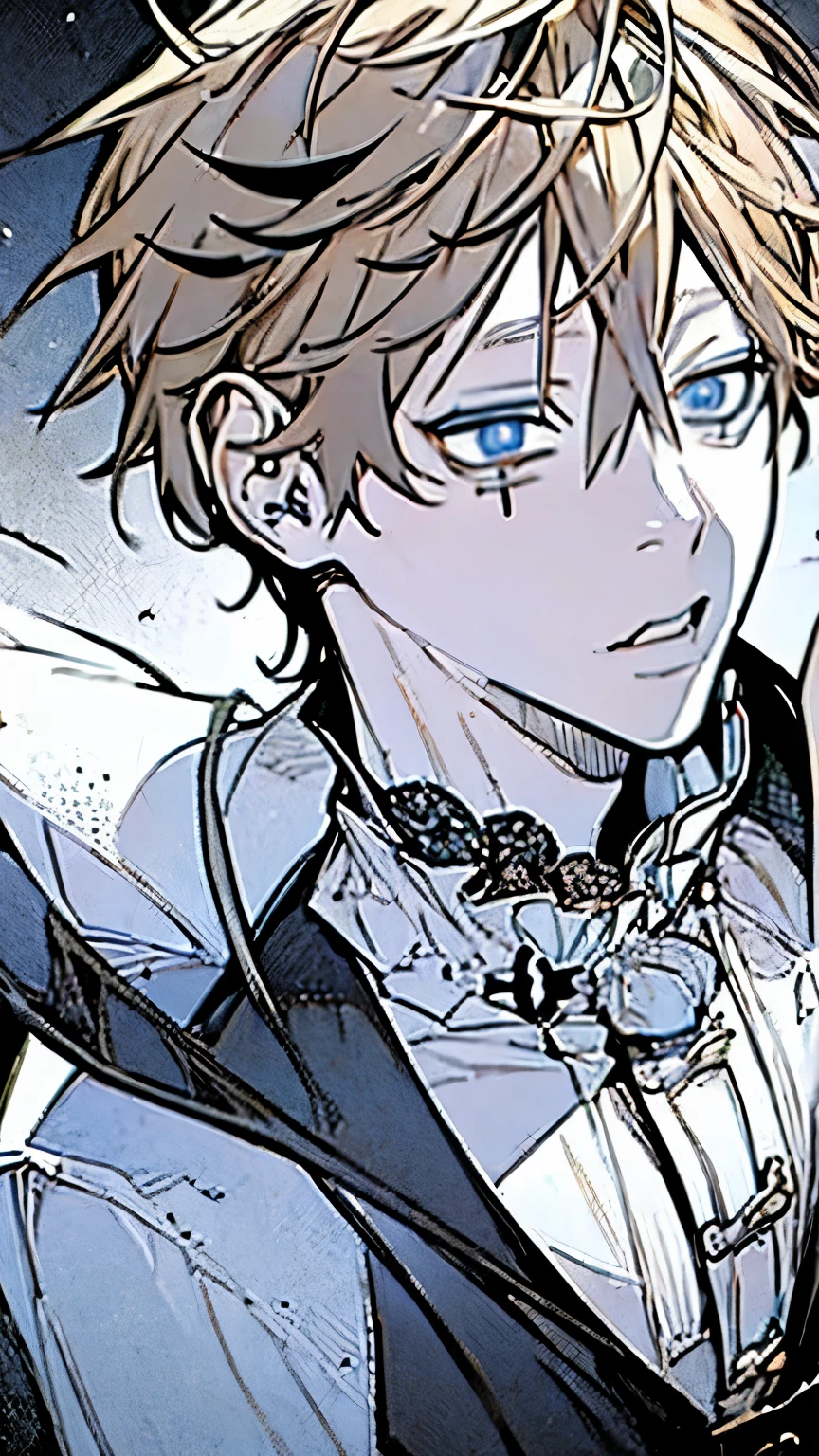 Masterpiece, Best Quality, 8K Wallpaper, Very detailed, illustration, 1ung boy, light brown hair, detailed blue eyes, seated, body tied with ropes, bare chest, sad look, crying, torture, black and white image, blood, dark and empty background