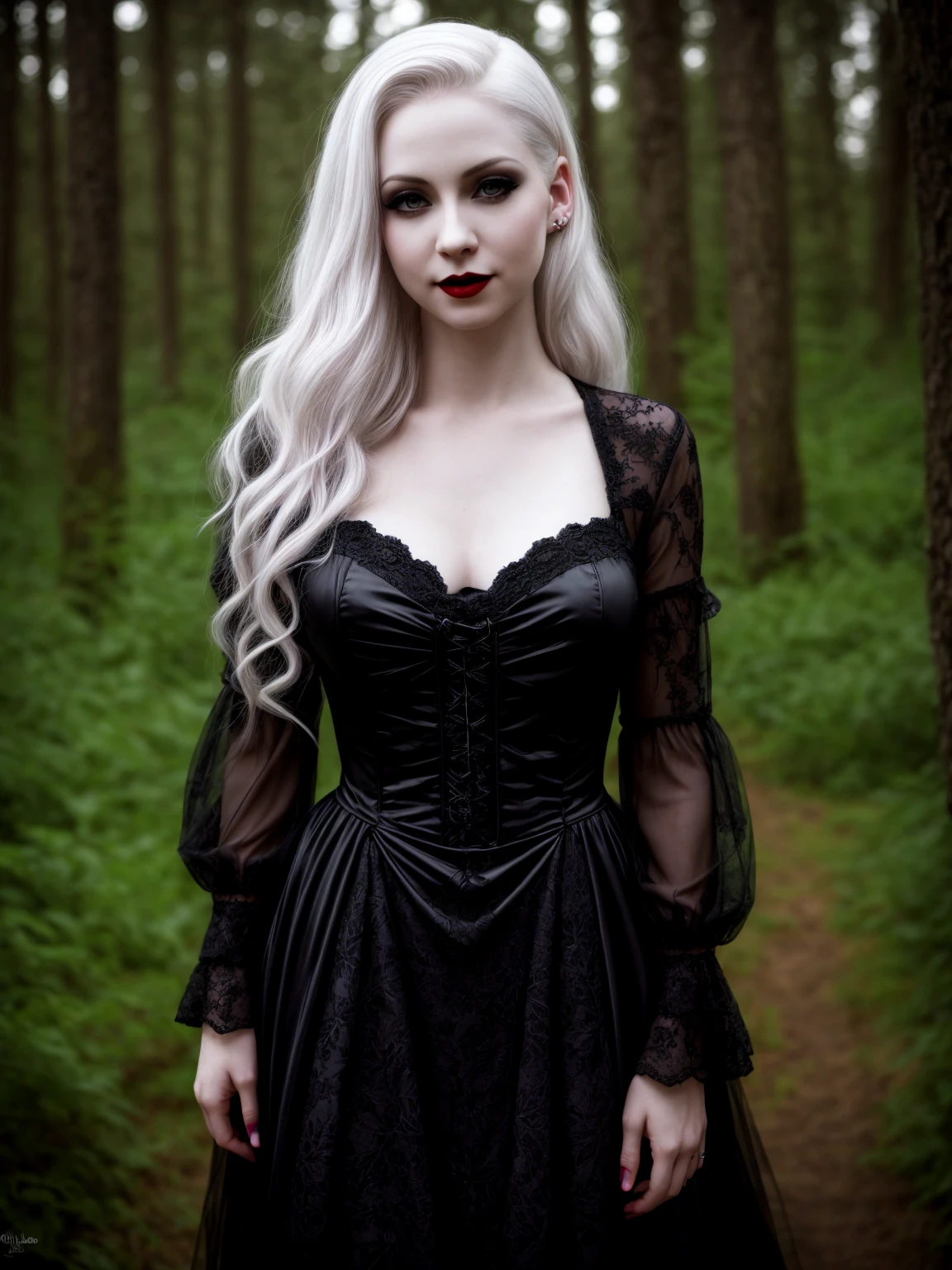 female sexy vampire|albino, pale porcelain skin, sexy vintage black dress, smile, shallow depth of field, grin|creepy, nightfall, detailed face, night, wide hips, narrow waist, portrait of woman standing, detailed eyes, portrait of woman standing, 8k RAW photo, highest quality, looking at the viewer, best shadow, intricate details, long hair, bright eyes, forest, grave, gothic, goth detailed, highres, high qualilty, high saturation