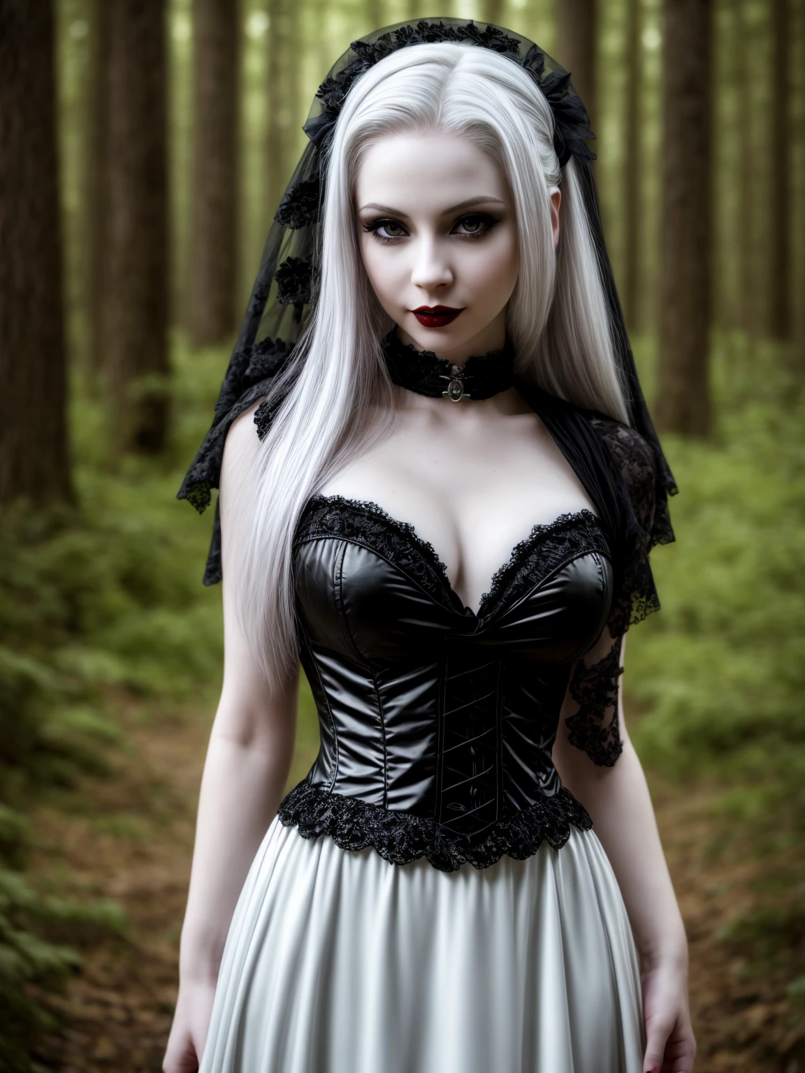 female sexy vampire|albino, pale porcelain skin, sexy vintage black dress, smile, shallow depth of field, grin|creepy, nightfall, detailed face, night, wide hips, narrow waist, portrait of woman standing, detailed eyes, portrait of woman standing, 8k RAW photo, highest quality, looking at the viewer, best shadow, intricate details, long hair, bright eyes, forest, grave, gothic, goth detailed, highres, high qualilty, high saturation