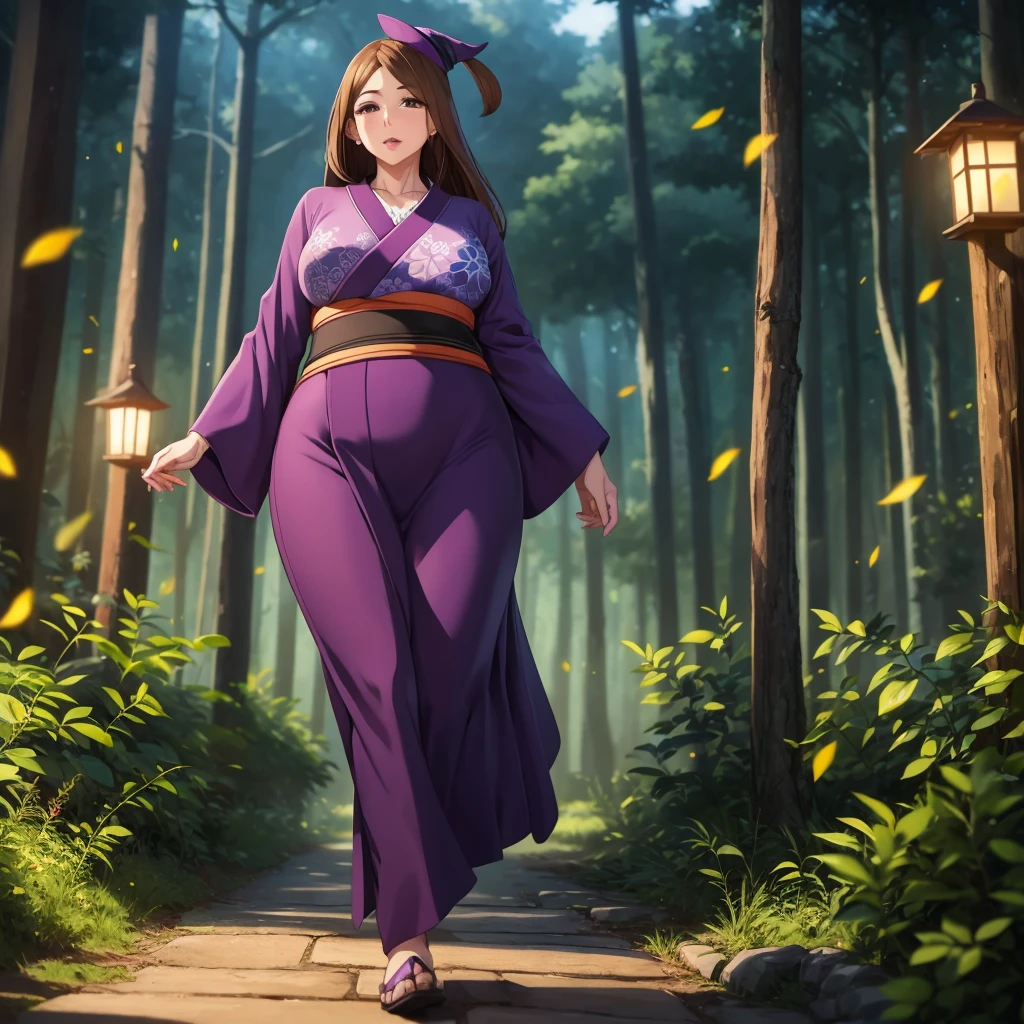 a mature woman, wearing a purple kimono with floral designs, sorceress class hat, brown hair, long hair, brown eyes, big breasts, exposed breasts, walking outside a wooden house in a forest, trees in the background , with fantasy aesthetics, at night, with fireflies,.UHD, masterpiece, accurate, anatomically correct, textured skin, super detail, high quality, best quality, 8k, high resolution, bokeh effect. (woman alone)
