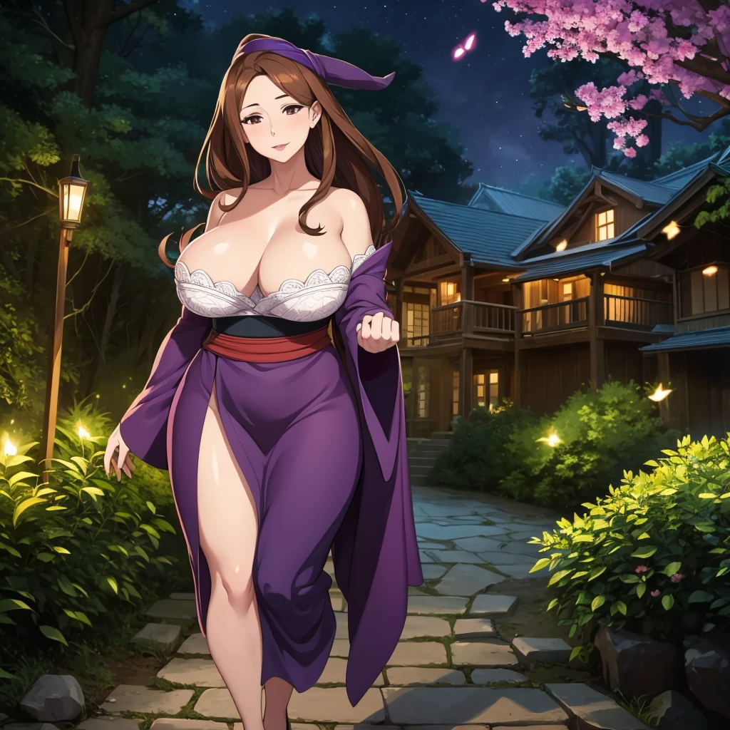 a mature woman, wearing a purple kimono with floral designs, sorceress class hat, brown hair, long hair, brown eyes, big breasts, exposed breasts, walking outside a wooden house in a forest, trees in the background , with fantasy aesthetics, at night, with fireflies,.UHD, masterpiece, accurate, anatomically correct, textured skin, super detail, high quality, best quality, 8k, high resolution, bokeh effect. (woman alone)