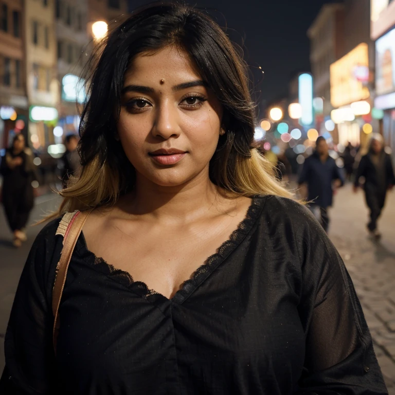 (((desi girl))), chubby face, natural skin, wearing hot deep neck top and dupatta, charming black hair, ((hair ends are blonde)), city streets background, bokeh