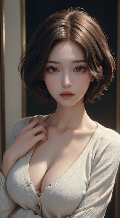 ((Best quality, 8k, Masterpiece :1.3)), 1girl, Pretty woman with slender abs :1.3, (Medium-short hair, Huge breasts :1.2), Cardigan :1.1, Ultra-detailed face, Detailed eyes, Double eyelid
