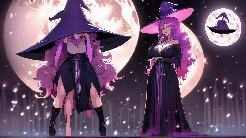 (high detailed) a 47 yo's woman, extremely large  huge hairstyle, two toned hair, highly detailed pink Sharp eyes, Crazy expression, witch hat, busty, purple witch clothes, Long sleeves, large lenght skirt, Full body, background a dead-forest