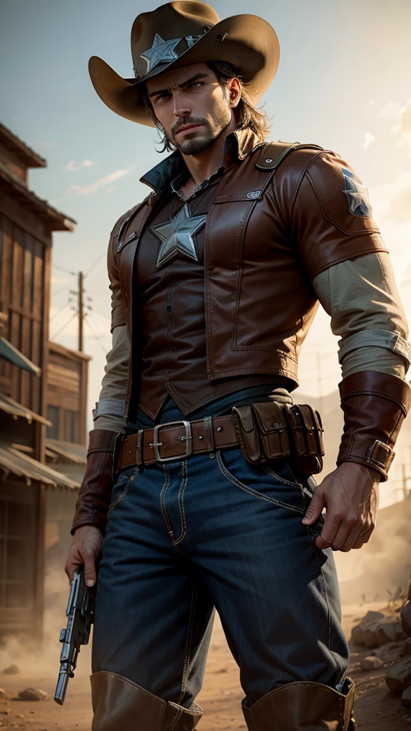 Captain America in Wild West style, wearing Cowboys lather clothes,, Cowboys hat and bring a pistol, in cowboy city, cinematic, extreem realistic, extreem detailed, extreem Sharp, super high resolution image, best quality photo,