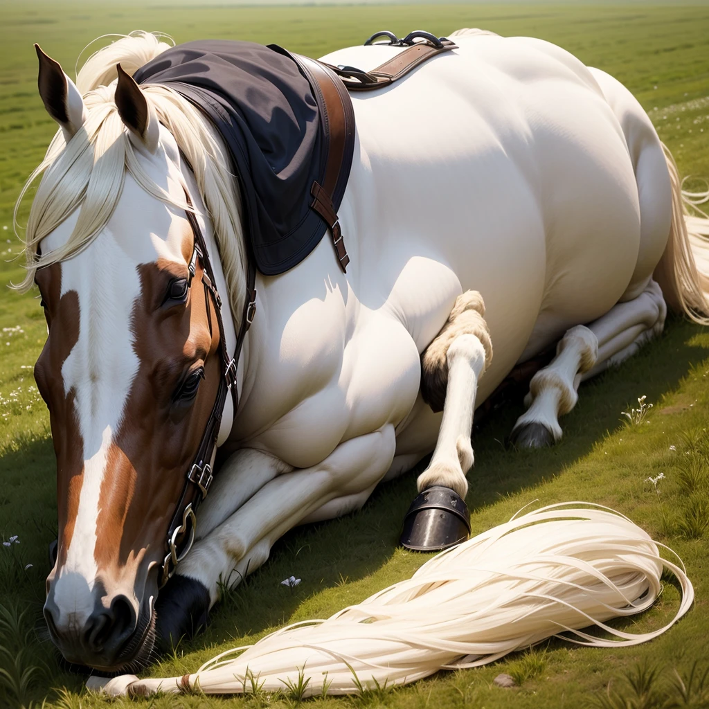 horse in the field, he is hurt, the horse is white. the horse is lying down